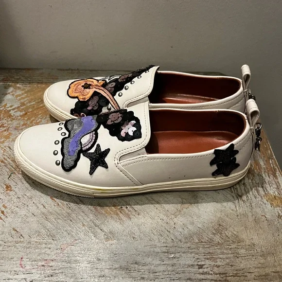 Coach Women’s Sz 11 White Leather Slip On Sneakers Star Embellishment Sequin - Picture 3 of 12